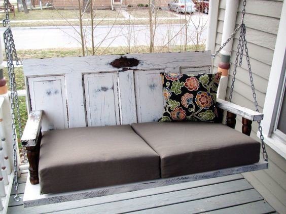 Shabby chic swinging chair made from recycled doors