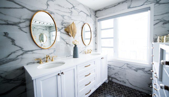 bathroom with gold accents