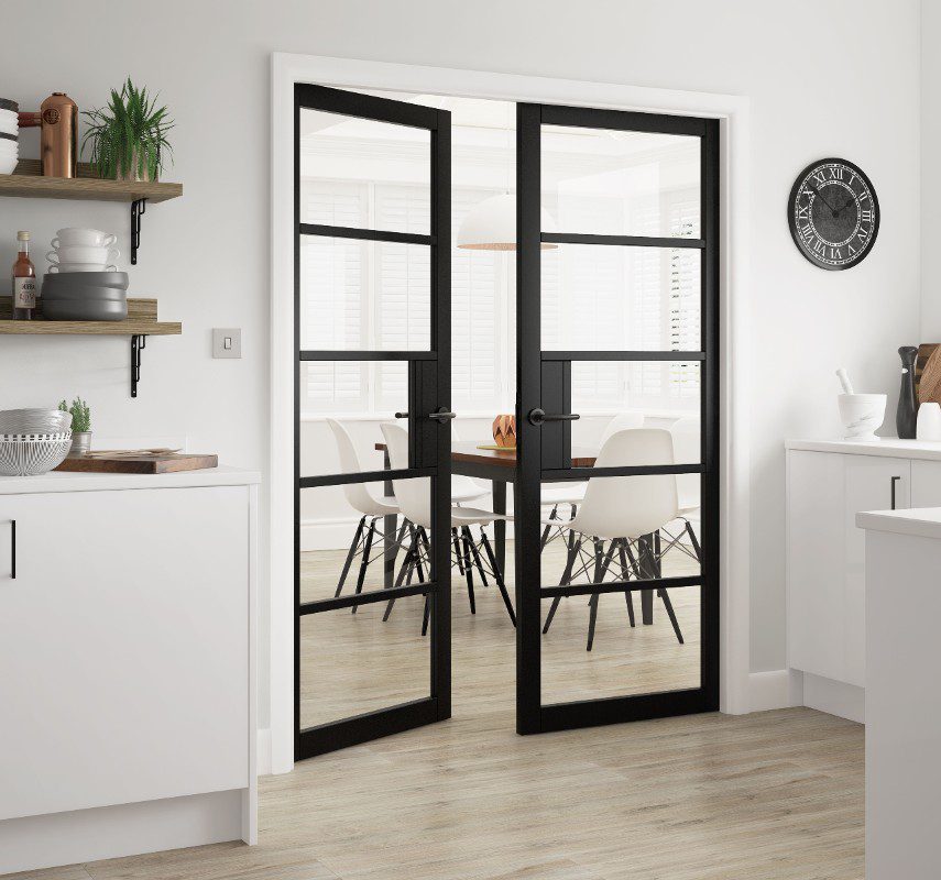 Urban Industrial Glass Black Doors presented in a contemporary home